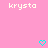 Pixelated pink background with repeated white text 'krysta' and cyan heart symbols arranged in a pattern