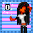 Pixel art character with orange skin and long black hair stands against pink-blue striped background, hand raised in greeting gesture.