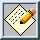 Pixelated icon of a yellow pencil with black tip and red eraser resting on a diamond-shaped notepad with blue lines, set against gray background within dark green border.