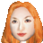 Pixelated portrait of a person with long orange hair, light skin, and red lips against a gray background.