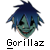 Pixelated character head with blue hair and green skin, below which is the text 'Gorillaz' in blocky font on a gray background.