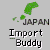 Pixel art animation of a Japanese map, rocket, and yellow figures on gray background with 'Import Buddy' text.