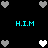 Black background with cyan text and pixelated heart icons in gray, white, and light gray arranged around the text.