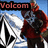 Animated sequence showing a figure in red jacket and blue bandana with 'Volcom' text above, cycling through four color variations of the text and background elements.