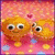 Animated pixel art of two orange cartoon characters on a pink background with yellow and blue dots, displaying text changes.