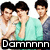 Two identical pixelated images of three young men in casual clothing, each with a black banner reading 'Damnnnn' below them, displayed side-by-side in a