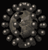 Pixelated circular icon with central gray figure surrounded by white dots on black background, showing subtle animation changes across frames.