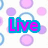 Pixelated text words 'Live', 'Laugh', 'love', and partial '4ever' appear over a background of pink and purple circles with blue outlines.
