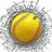 A pixelated yellow sphere with brownish-orange accents surrounded by a gray, smoky, or explosive background effect.