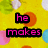 Yellow background with colorful circles; pink text 'he makes me laugh :]' and '<3<3' on black rectangles.