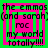 Green and pink pixelated text with repeated phrases 'the emmas (and sarah)', 'roc', 'my world', 'totally!!!!' in black font on alternating backgrounds