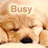 Pixelated image of a dog's face with the word 'Busy' above it, rendered in warm brown and beige tones.