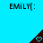 six identical EMILY(: text labels above dark brown triangular shapes with light blue hearts on a bright cyan background