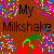 Brown background with pixelated text 'My Milkshake' and a red cherry graphic surrounded by colorful confetti-like pixels.