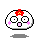 Two pixel art frames of a cartoon character with white face, red flower headpiece, and pink cheeks on gray background.