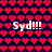 Pixelated red hearts on dark blue background with white text "Syd!!!" in four positions, showing color gradient changes.