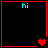 Four red-bordered black squares each contain cyan "hi" text with animated heart symbols changing across frames.