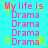 Cyan background with pink text 'My life is Drama' repeated four times per , yellow star shapes scattered around