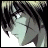 Pixelated anime-style character with dark hair and light skin, side profile facing left, against black background with white text.