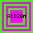 Four identical square arranged in a , each containing the name 'ALISON' over layered green and pink squares