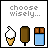 Pixel art of six showing food icons changing across frames with 'choose wisely...' text above each