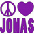 Purple peace signs and hearts alternate above stacked text reading JONASJONAS and JONAS on white background with gray corner.