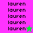 pixelated 'lauren' text on colored backgrounds with two distinct star icons, one green and one pink