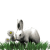 Animated sequence of a white rabbit on green grass with small yellow flowers, showing head and ear movements across frames.