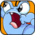 A 50x50 pixel animated buddy icon featuring a cartoonish blue creature with orange hair, large white eyes, and a wide open mouth holding a red sock-like object, displayed in two frames showing slight animation differences with green text "ATTACK" visible on the right frame's bottom edge.