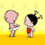 Animated sequence of two cartoon figures on a yellow background with small star patterns, showing movement and prop changes.
