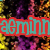 Pixelated text 'aeminn' appears in red, green, and pink overlays against a colorful abstract background with yellow, purple, orange, and black hues.