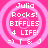 Four identical pink circular icons with white text reading "Julia Rocks! BIFFLES 4 LIFE! =) T & J" arranged in a on a solid pink background