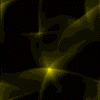 Yellow glowing abstract shapes on black background with shifting light patterns and faint star-like points.