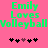 Green text "Emily Loves Volleyball" on pink background with black and purple heart symbols below, two identical frames side-by-side.