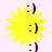 A yellow starburst with three dark purple emoticons :), positioned at top, center, and bottom against a light pink background.