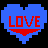 Blue pixelated heart with red 'LOVE' text and a red underline on black background, four photo showing people in various poses