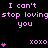 Pixelated text and symbols in pink on black background with repeated phrases, xoxo, and heart stacks.