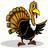 Pixelated cartoon turkey with brown and black feathers, yellow beak, standing on white background next to four yellow with text