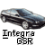 Pixelated image of a blue sedan car with black accents on a gray background, below which is text reading "Integra GSR" in blocky font.