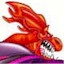 Pixelated red cartoon character with flowing hair and purple accents on a white background, appearing to be in motion or falling forward.