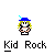 Pixelated character with blue hat and yellow hair, transitioning through motion blur effects while text below changes from 'Kid Rock' to fragmented forms.
