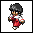 Pixel art contact sheet of four animated frames showing a character in red pants and white top with gray hair performing different poses against a solid light gray background.