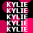 repeating 'KYLIE' text in white pixelated font on black background with pink circular shapes, each frame showing slight variations in pink shape positions