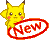 Pixelated yellow cartoon character with brown-tipped ears and red cheeks holds a white oval sign with red border displaying 'NEW' text.