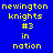 Blue background with yellow pixelated text reading 'newington knights #3 in nation' in four , two with a light blue radial gradient overlay