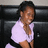 Pixelated image of a person in a light purple shirt leaning against dark furniture with blurred background.