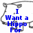 A pixelated icon shows a gray fishing hook with blue text reading "I Want a Hippo For" on a white background.