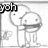 Six- black-and-white animation of two stick figures with circular heads, one figure's mouth covered by a horizontal bar