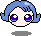 Pixel art head with blue hair and purple eyes showing four distinct expressions on a gray background.