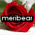 A static buddy icon featuring a red rose with overlaid text reading 'meribear' and 'writer and artist' against a green background.